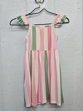 New Size 6 Kids Striped Pink & Green Summer Dress - Soft Ruffle Straps